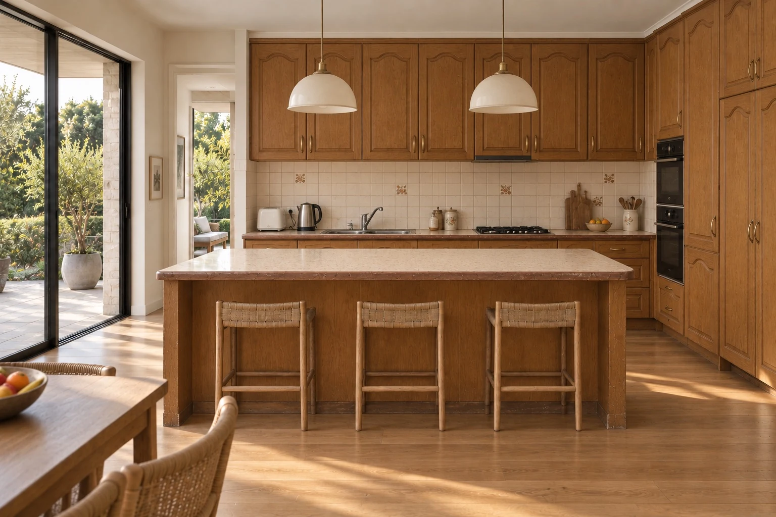 Dated brown cabinetry and an old laminate benchtop before refacing