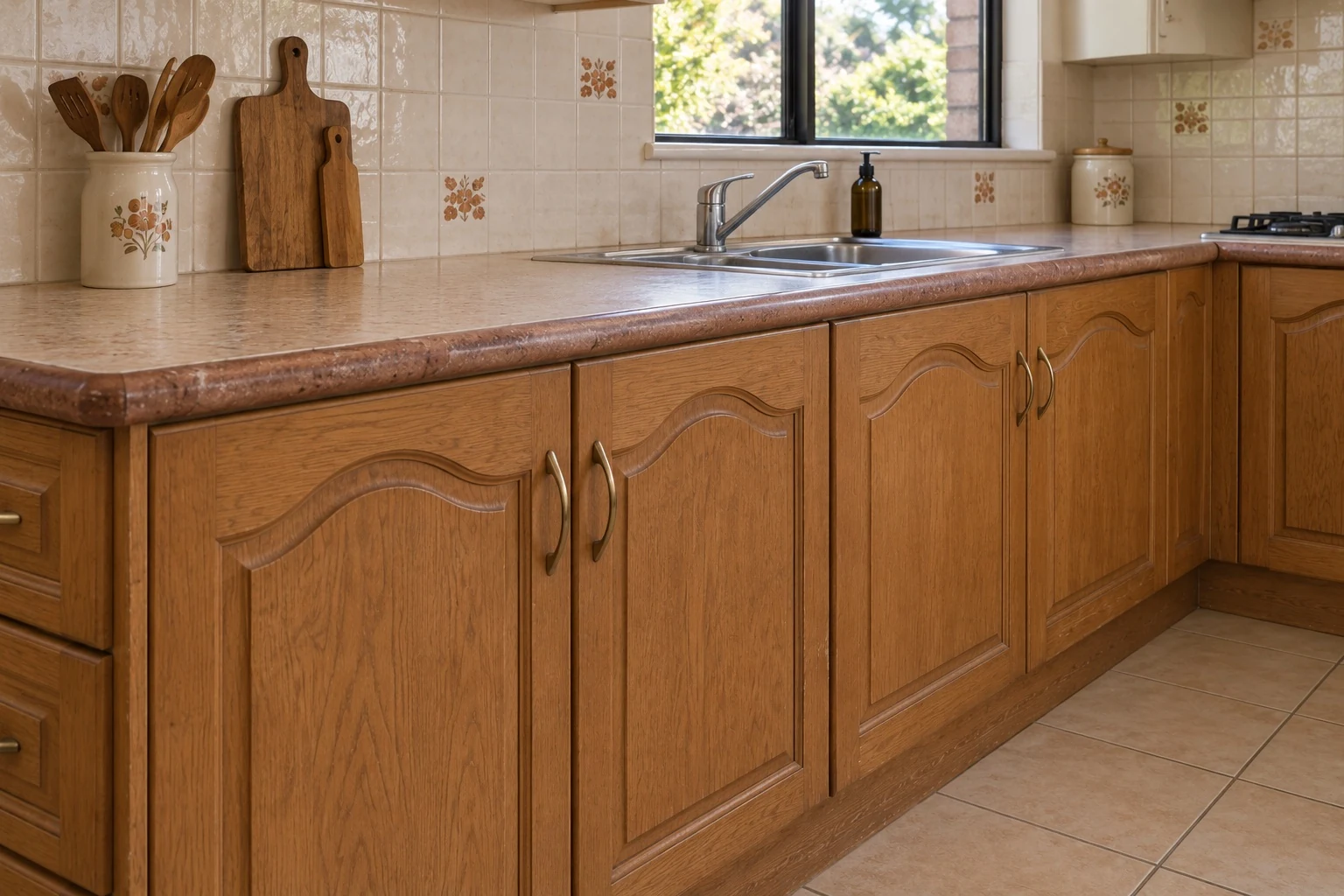 Before: brown cabinet doors and an old laminate benchtop