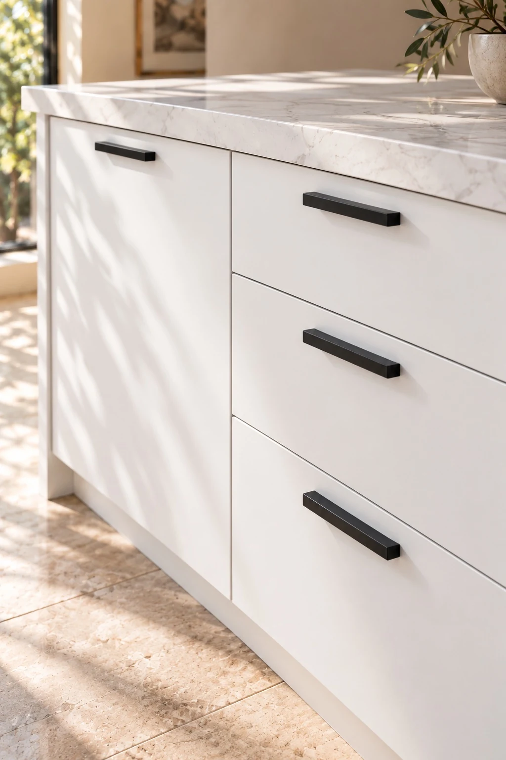 Clean white cabinet fronts with a satin finish