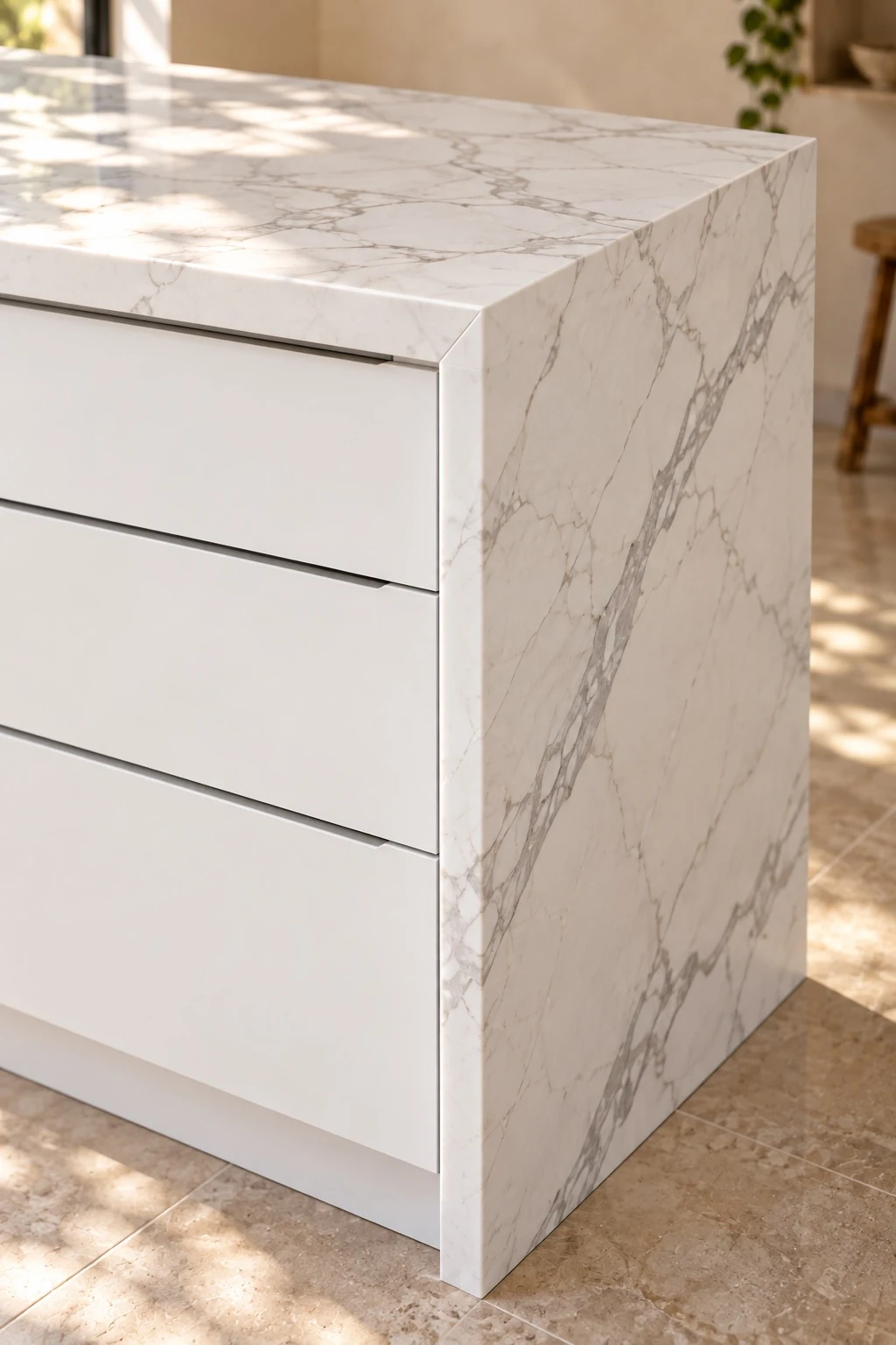 White veined stone continuing down a waterfall side
