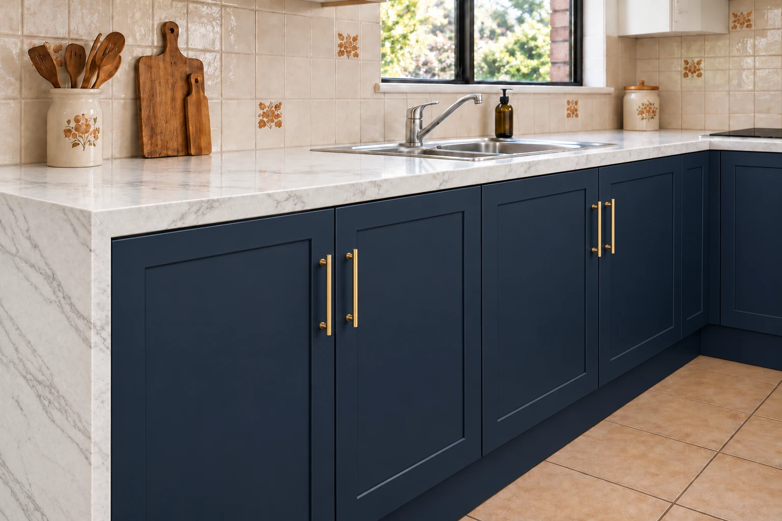 Illustrative navy kitchen with brass handles and a white waterfall benchtop