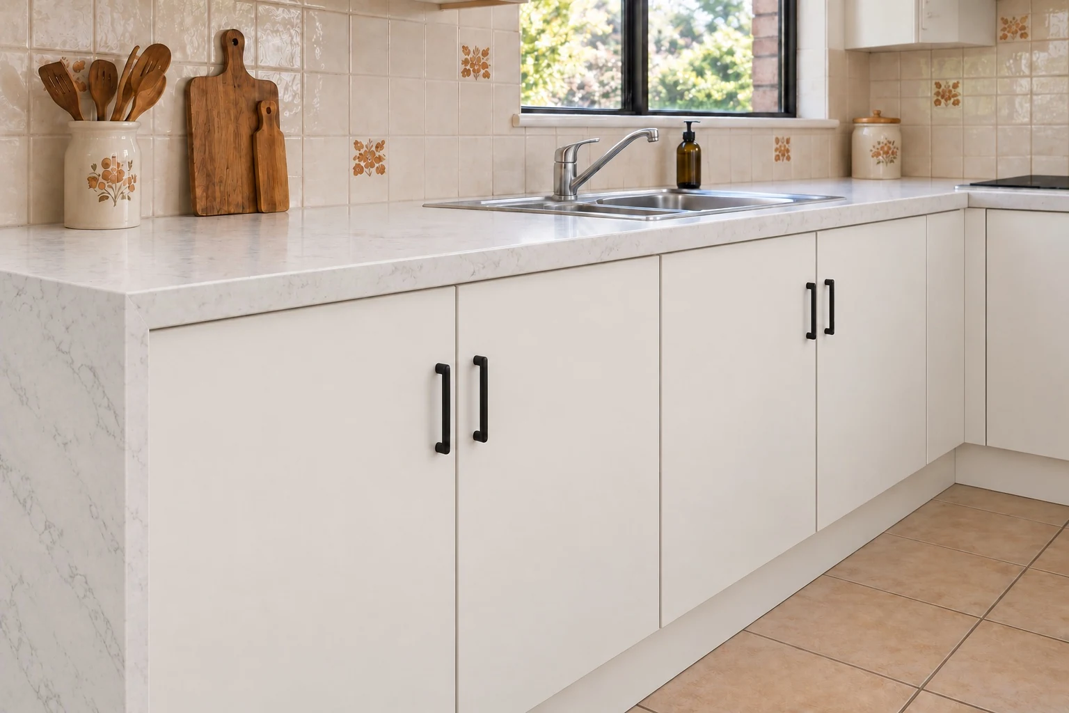 After: white cabinetry, black handles, a stone waterfall end and a black glass cooktop
