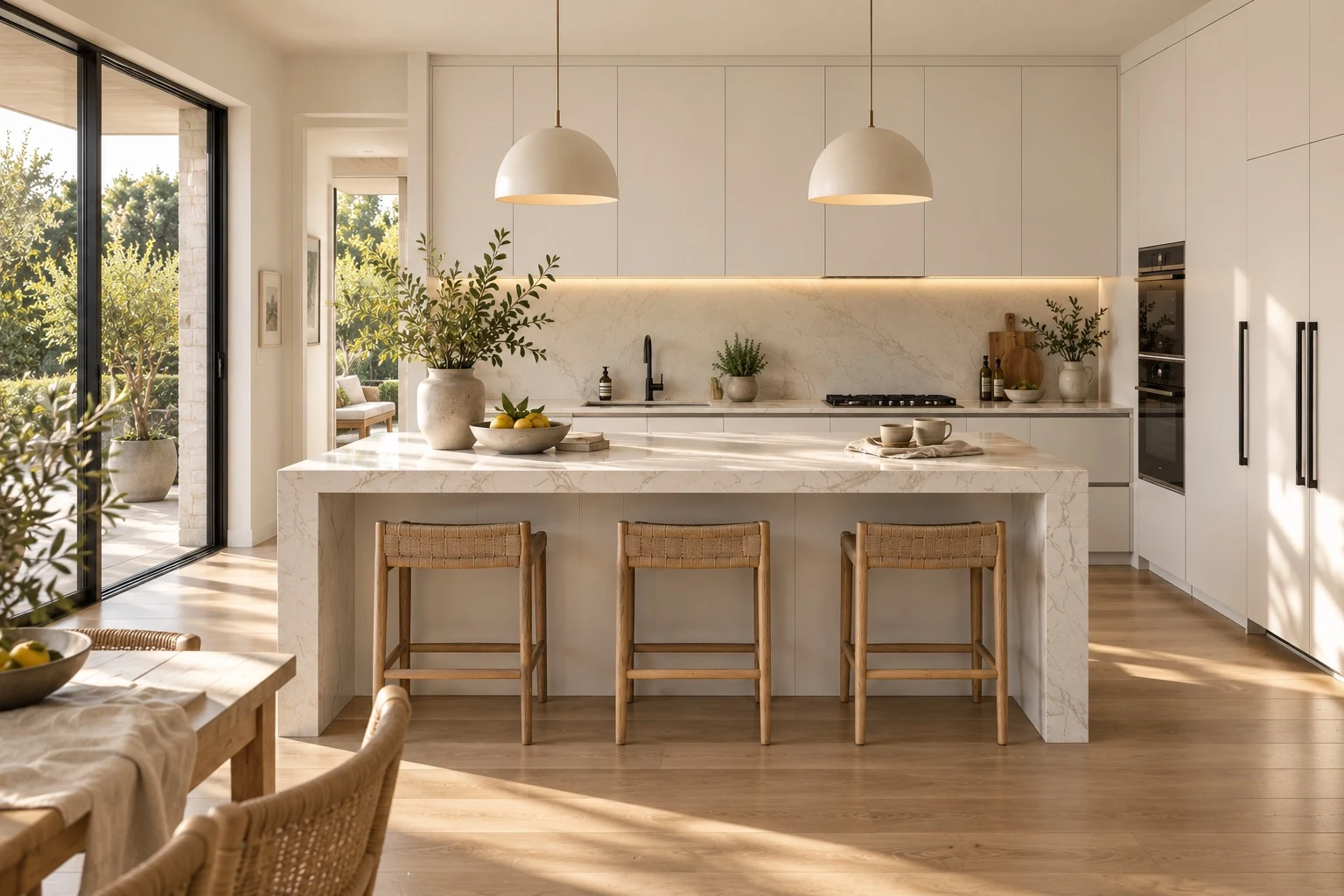 A complete white kitchen with a stone waterfall island, ready for everyday life