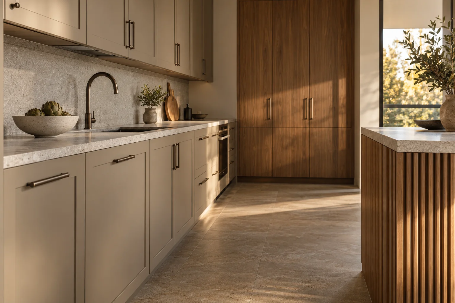 Illustrative galley kitchen with mushroom shaker fronts, flat walnut pantry doors and a fluted walnut end panel