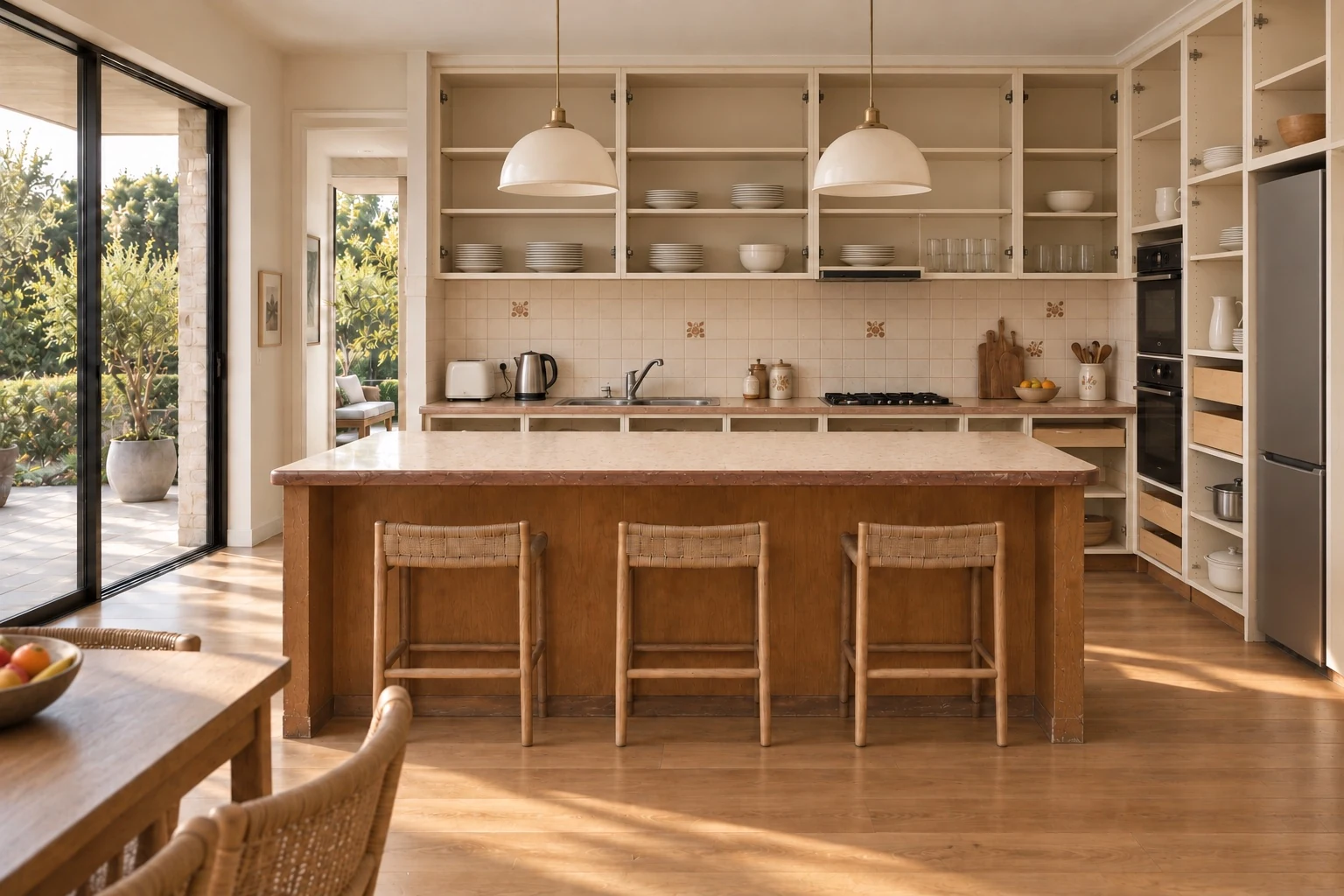 Doors and drawer fronts removed, revealing retained cabinet carcasses beneath the existing benchtop