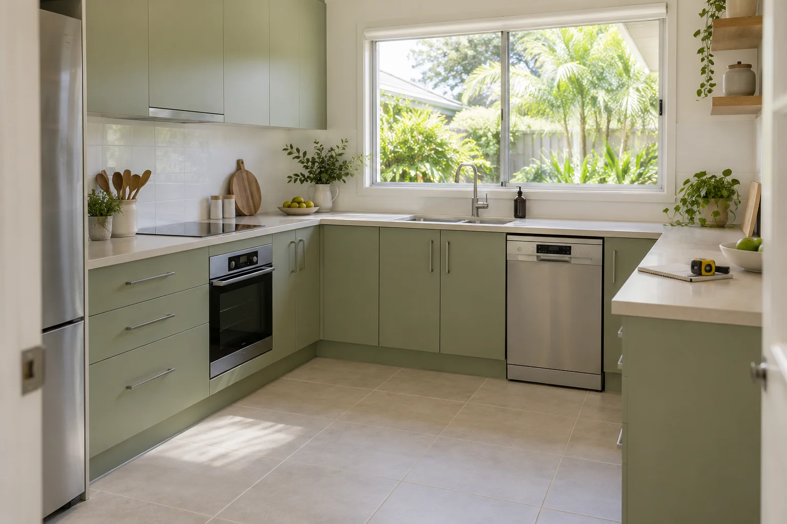 Illustrative U-shaped kitchen with eucalyptus-green fronts, nickel handles and a notebook on the cream benchtop